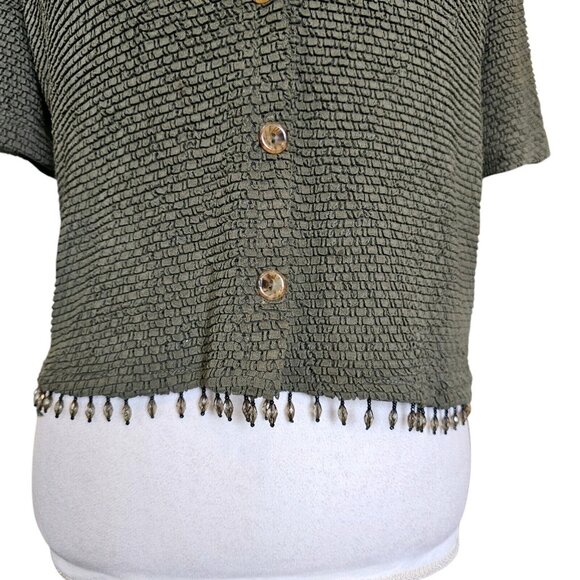 Vintage 90s Womens Dark Green Short Sleeve Cardigan Textured Beaded Semi Cropped - Picture 2 of 9